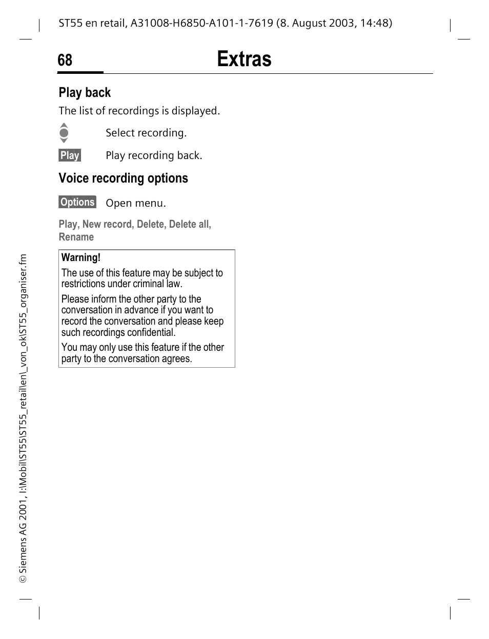 Play back, Voice recording options, Extras | Siemens ST55 User Manual | Page 69 / 88