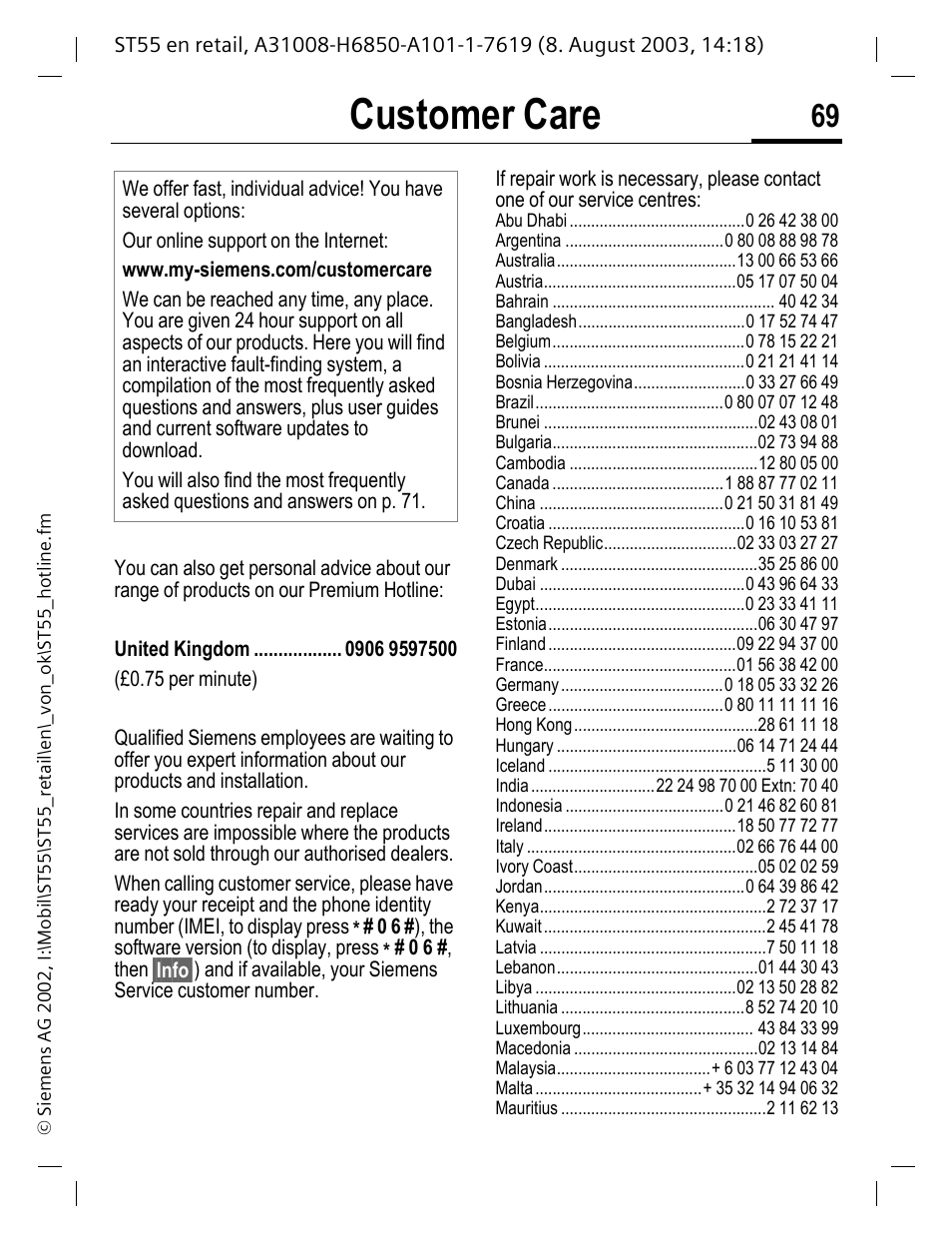 Custom er care, Customer care | Siemens ST55 User Manual | Page 70 / 88