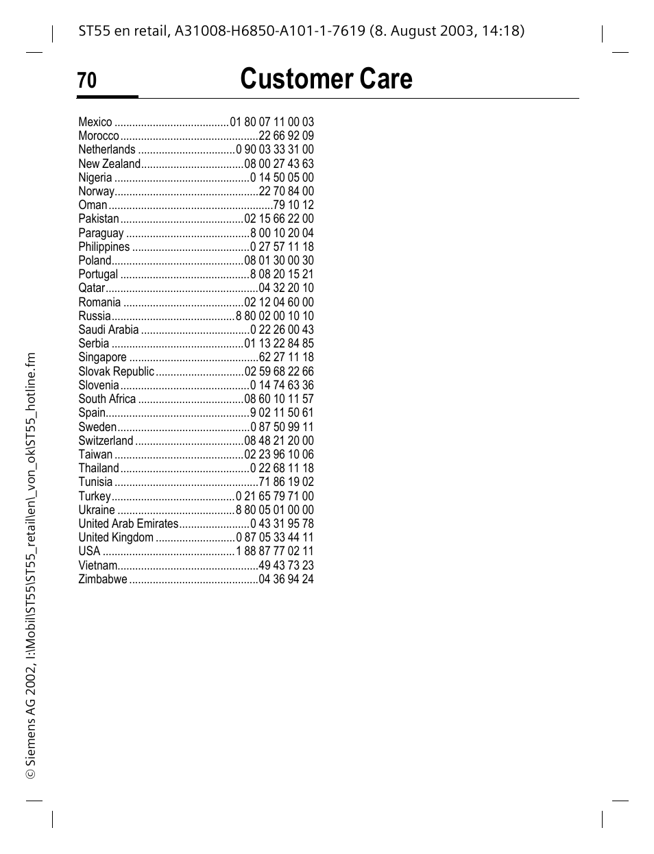 Customer care | Siemens ST55 User Manual | Page 71 / 88