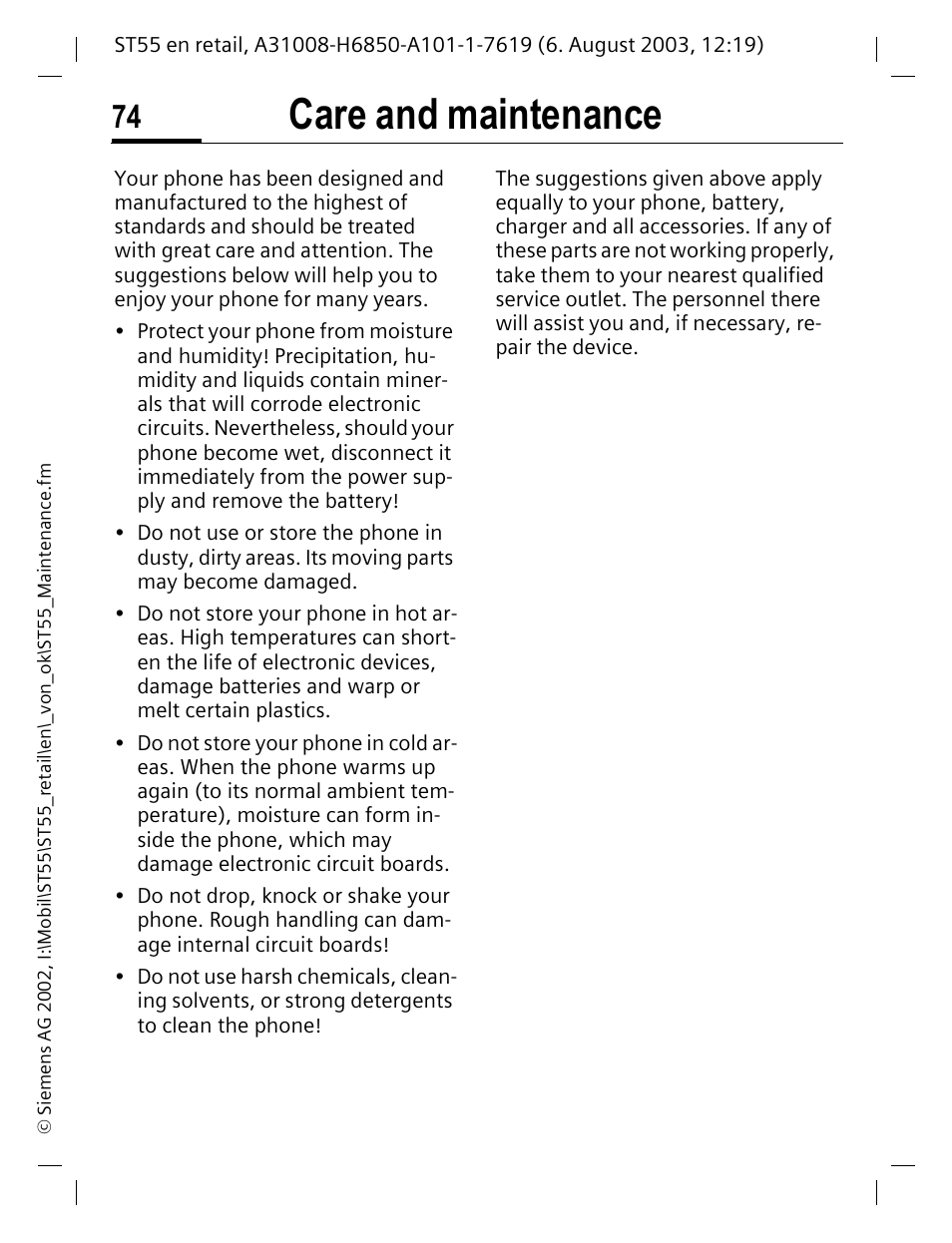 Care and maintenance | Siemens ST55 User Manual | Page 75 / 88