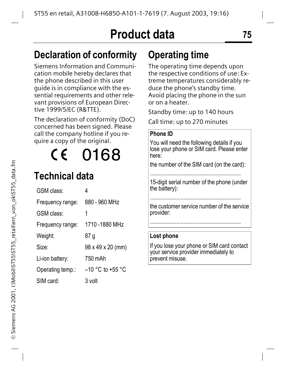 Product data, Declaration of conformity, Technical data operating time | Siemens ST55 User Manual | Page 76 / 88