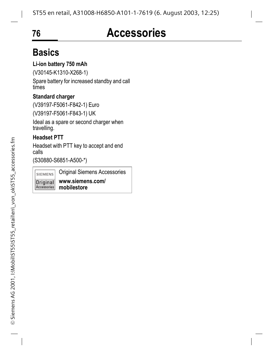 Accessories, Basics | Siemens ST55 User Manual | Page 77 / 88