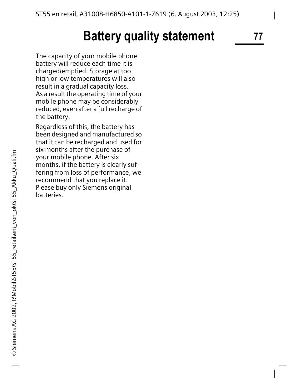 Battery quality statement | Siemens ST55 User Manual | Page 78 / 88
