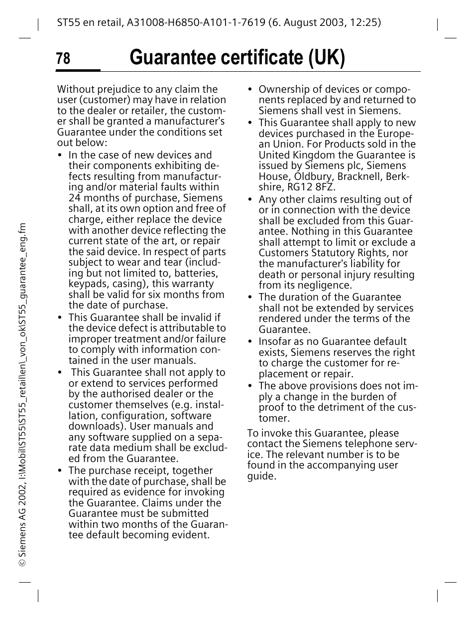 Guarantee certificate (uk) | Siemens ST55 User Manual | Page 79 / 88