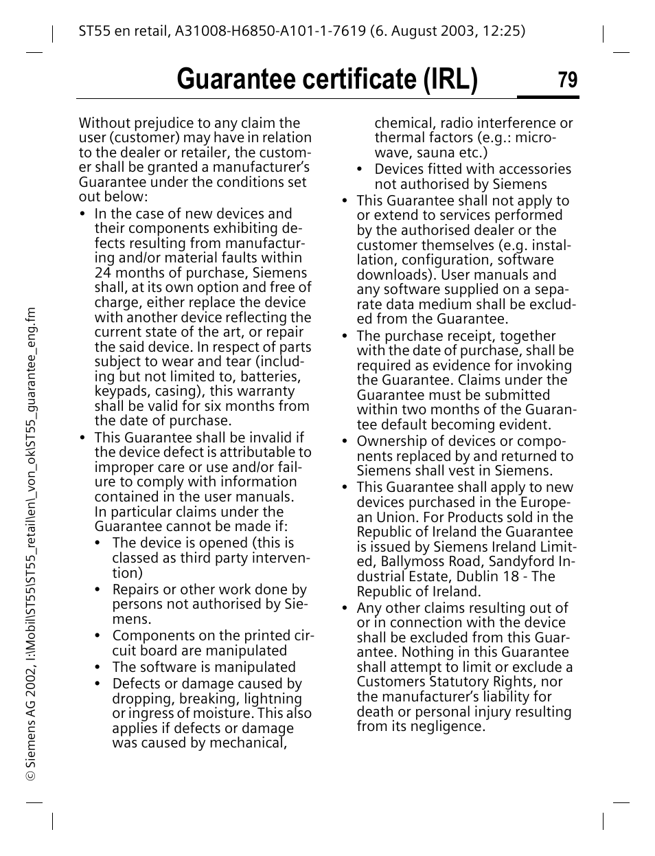 Guarantee certificate (irl) | Siemens ST55 User Manual | Page 80 / 88