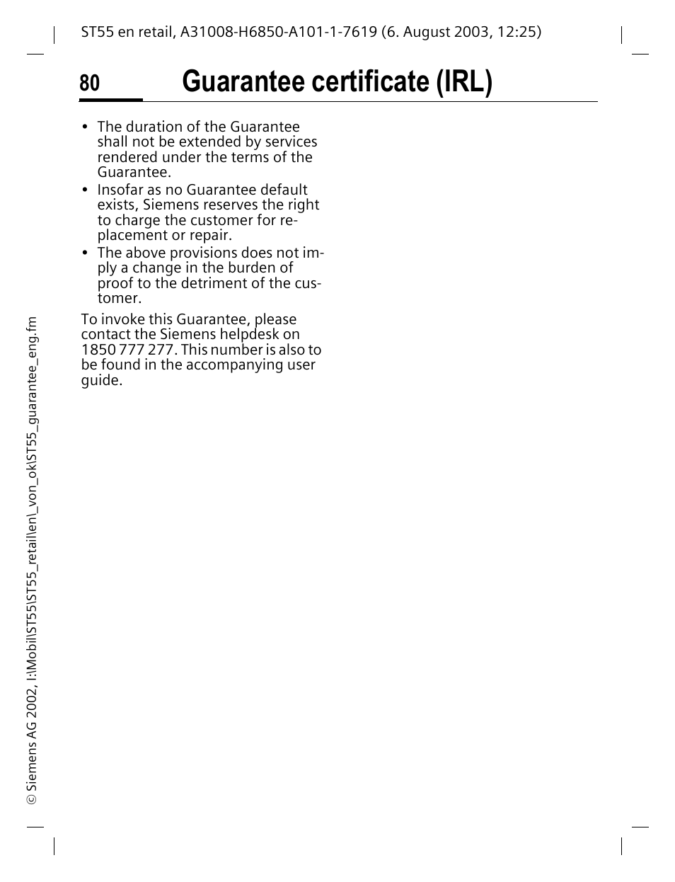 Guarantee certificate (irl) | Siemens ST55 User Manual | Page 81 / 88