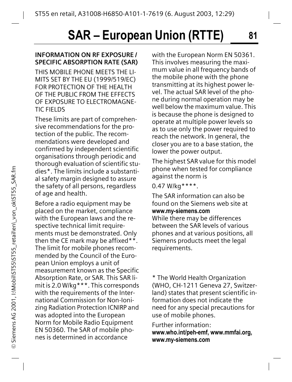 Sar – european union (rtte) | Siemens ST55 User Manual | Page 82 / 88