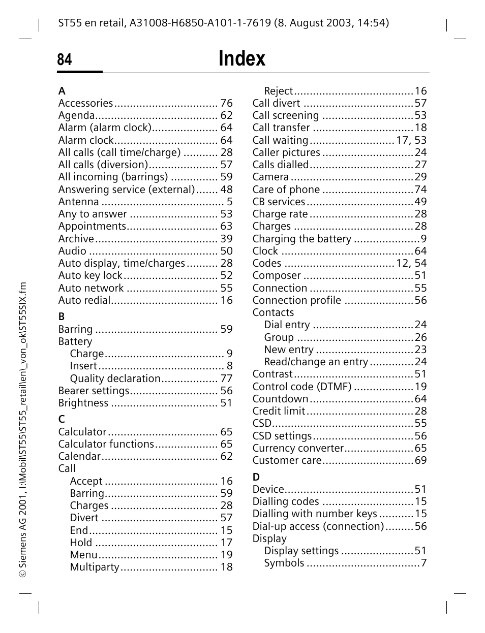 Index | Siemens ST55 User Manual | Page 85 / 88