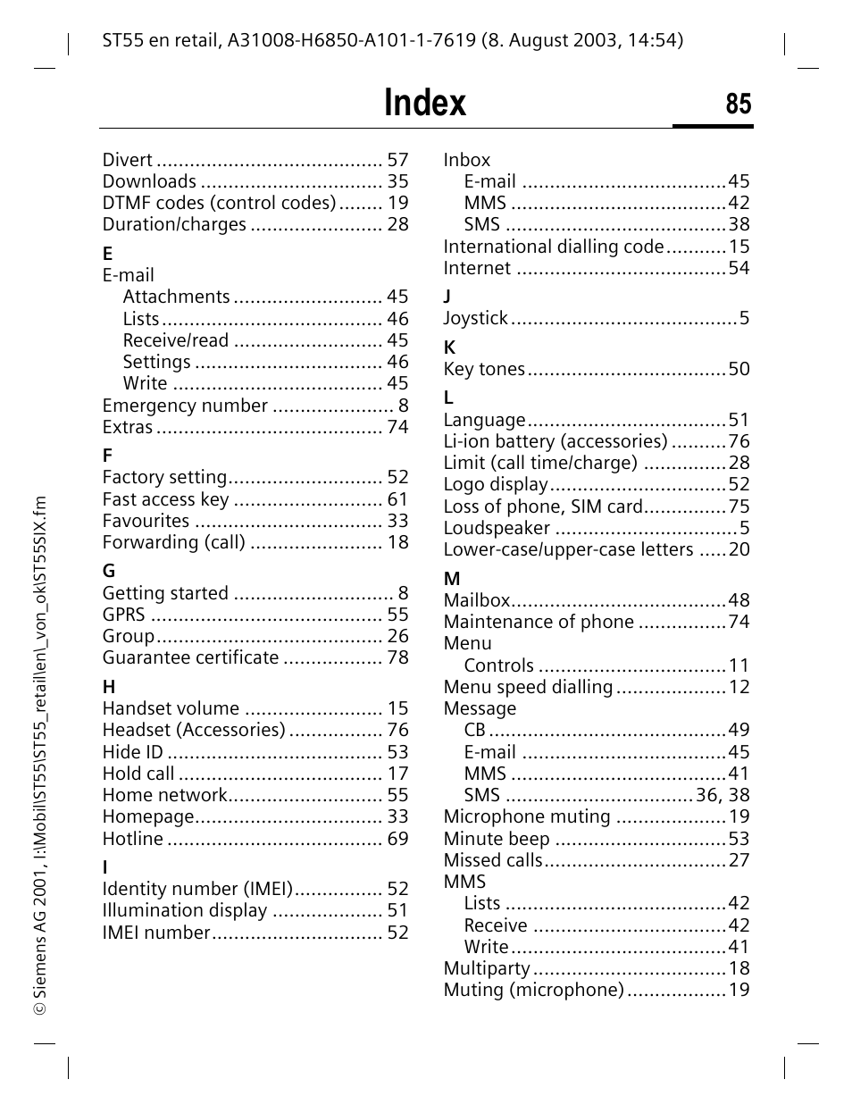 Index | Siemens ST55 User Manual | Page 86 / 88