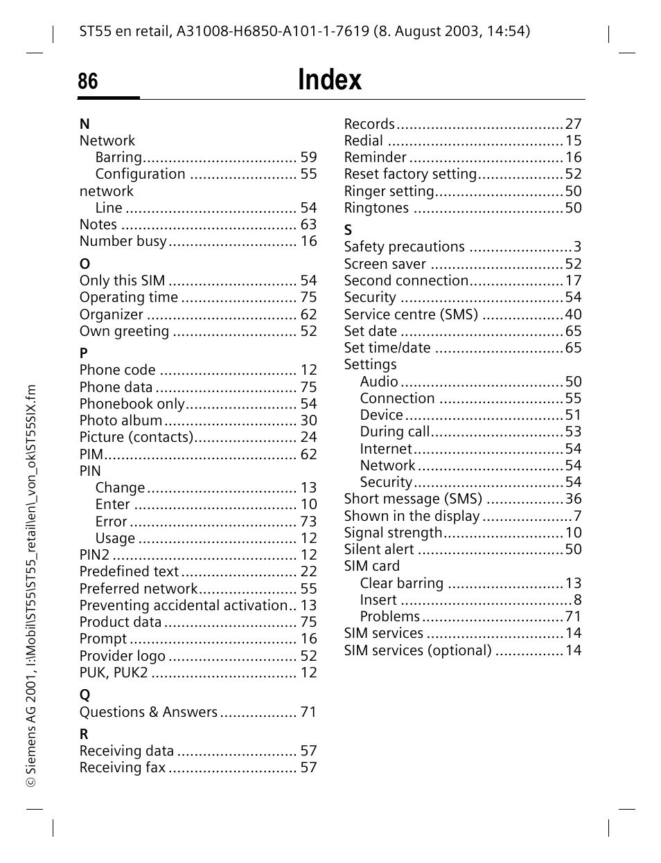 Index | Siemens ST55 User Manual | Page 87 / 88