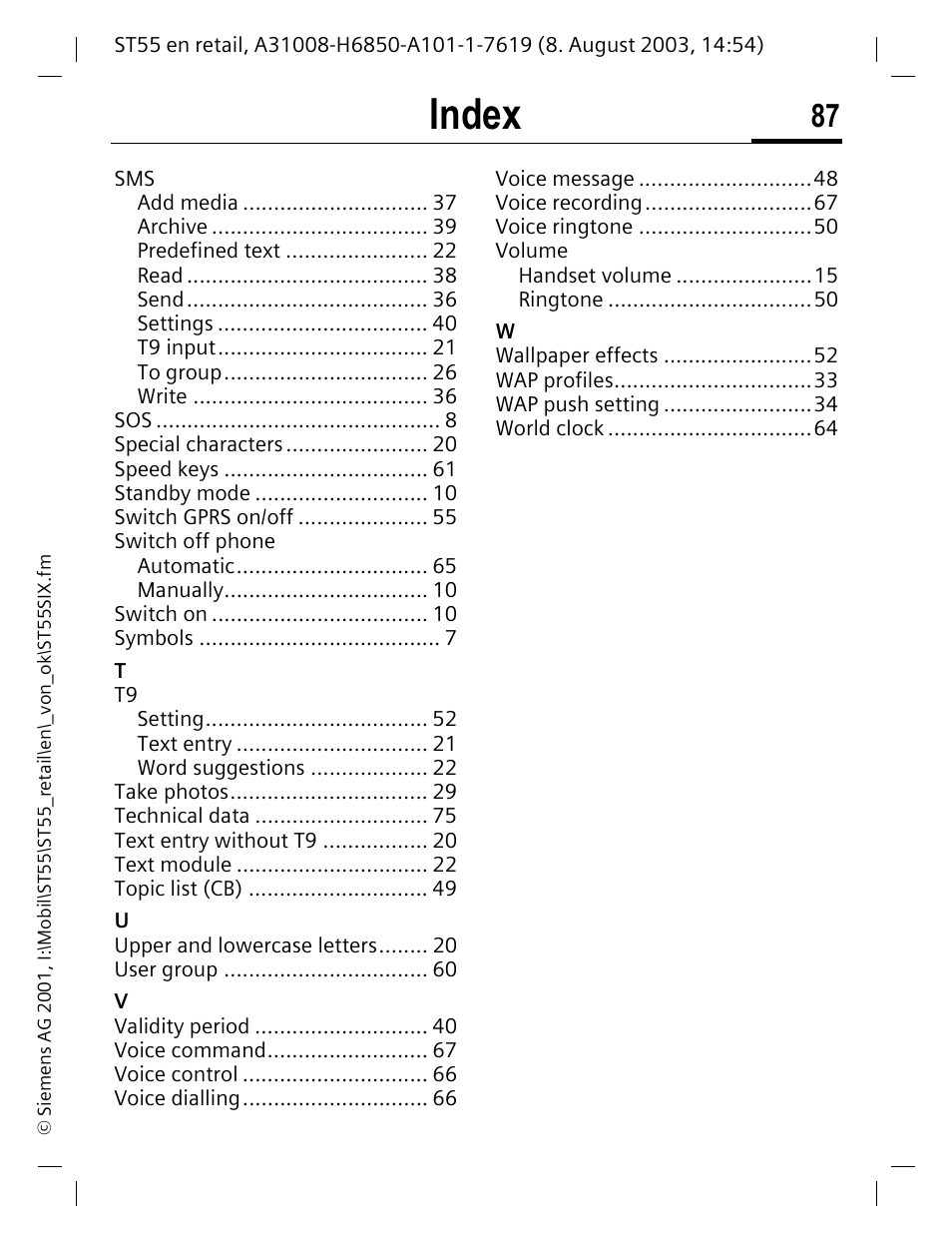 Index | Siemens ST55 User Manual | Page 88 / 88