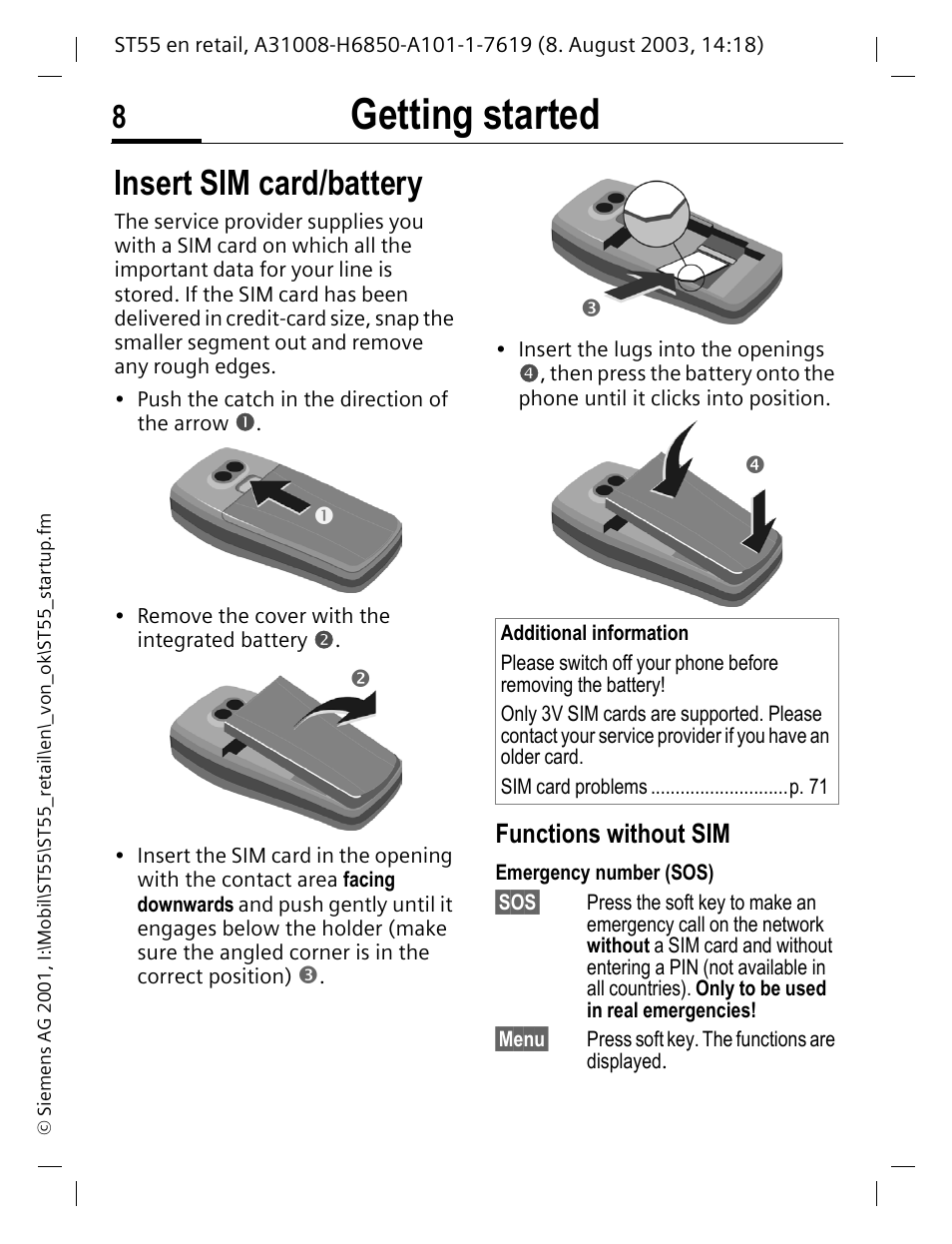 Getting started, Insert sim card/battery, Functions without sim | Siemens ST55 User Manual | Page 9 / 88