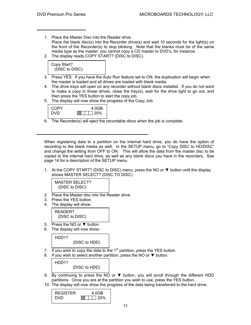 Copy disc to disc, Registering data to the hard drive (hdd) | MicroBoards Technology Premium Pro User Manual | Page 11 / 23