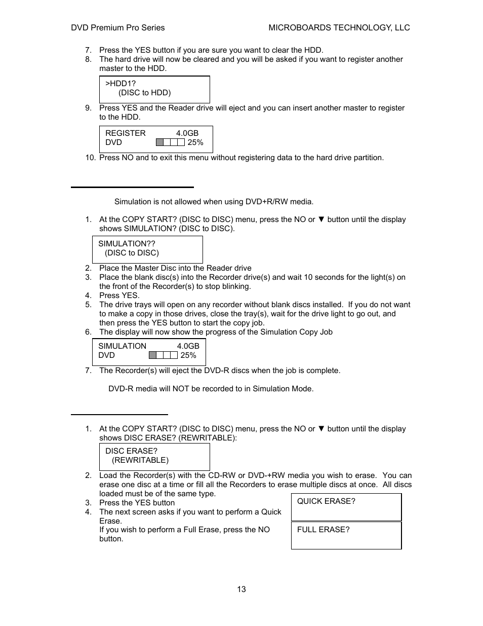 Simulation disc to disc, Erasing rw media | MicroBoards Technology Premium Pro User Manual | Page 13 / 23