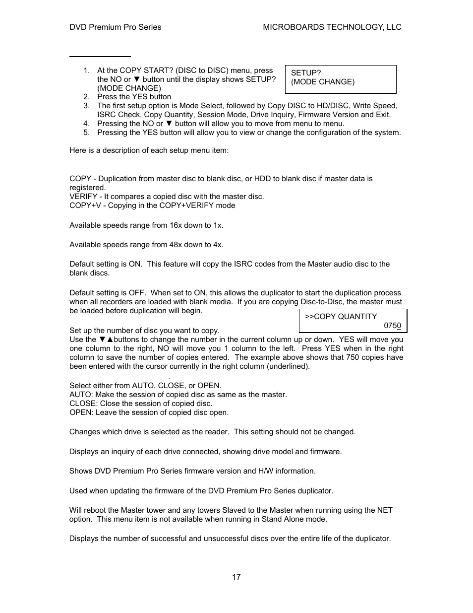 Setup menu | MicroBoards Technology Premium Pro User Manual | Page 17 / 23