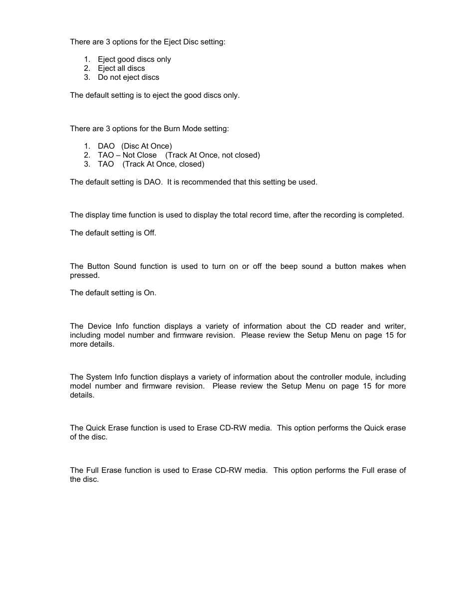 Eject disc, Burn mode, Display time | Button sound, Device info, System info, Quick erase, Full erase | MicroBoards Technology Quic Disc QD-52 User Manual | Page 16 / 21