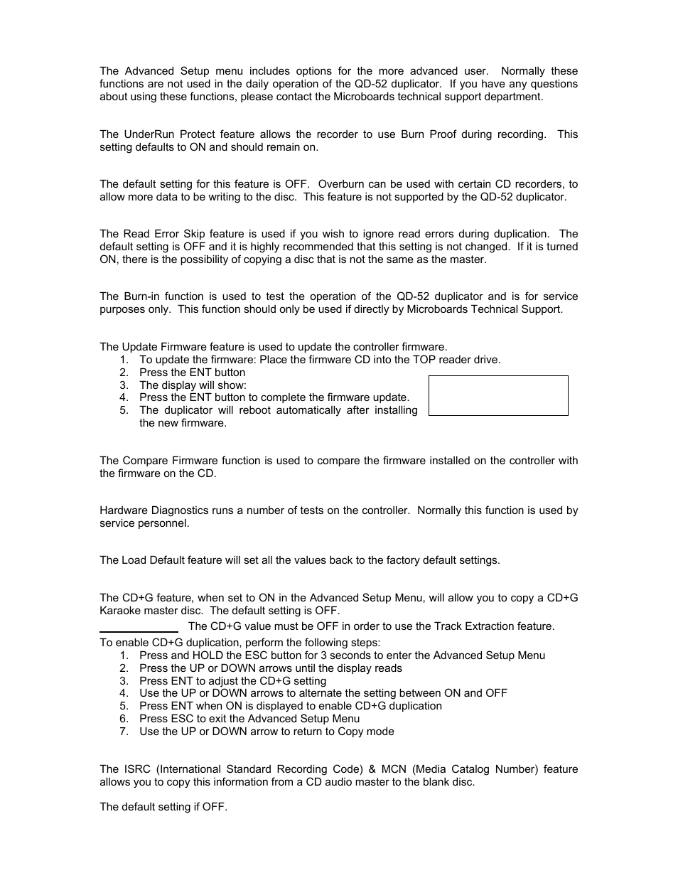 Advanced setup menu, Underrun protect, Overburn | Read error skip, Burn-in, Update firmware, Compare firmware, H/w diagnostic, Load default, Cd+g | MicroBoards Technology Quic Disc QD-52 User Manual | Page 18 / 21