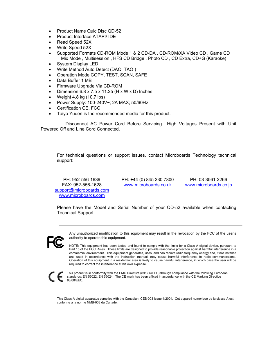 Specifications, Technical support | MicroBoards Technology Quic Disc QD-52 User Manual | Page 19 / 21