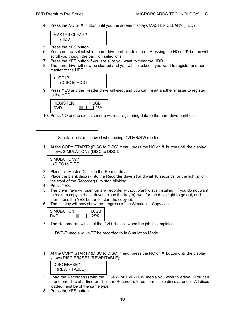 Simulation disc to disc, Erasing rw media | MicroBoards Technology Premium Pro Series User Manual | Page 10 / 23