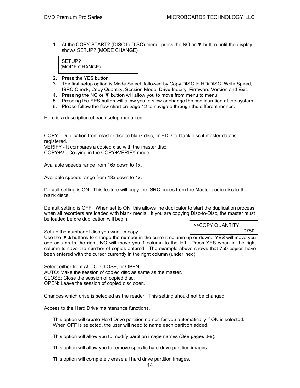 Setup menu | MicroBoards Technology Premium Pro Series User Manual | Page 14 / 23