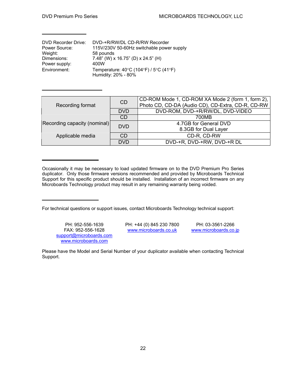 Specifications, Supported formats, Firmware updates | Technical support | MicroBoards Technology Premium Pro Series User Manual | Page 22 / 23