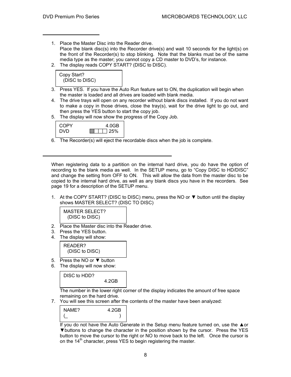 Copy disc to disc, Registering data to the hard drive (hdd) | MicroBoards Technology Premium Pro Series User Manual | Page 8 / 23