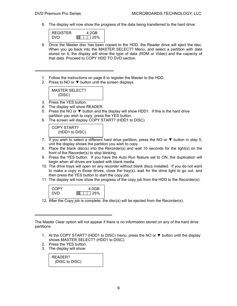 Copy hard drive (hdd) to disc, Clearing the hard drive (hdd) | MicroBoards Technology Premium Pro Series User Manual | Page 9 / 23