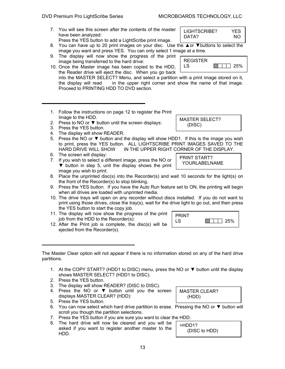 Printing hard drive (hdd) to disc, Clearing the hard drive (hdd) | MicroBoards Technology LightScribe Series User Manual | Page 13 / 26