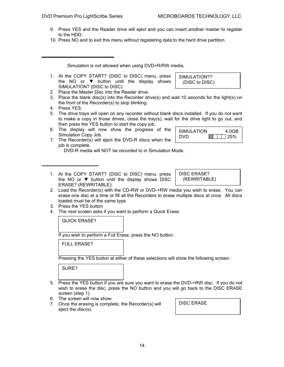 Simulation disc to disc, Erasing rw media | MicroBoards Technology LightScribe Series User Manual | Page 14 / 26