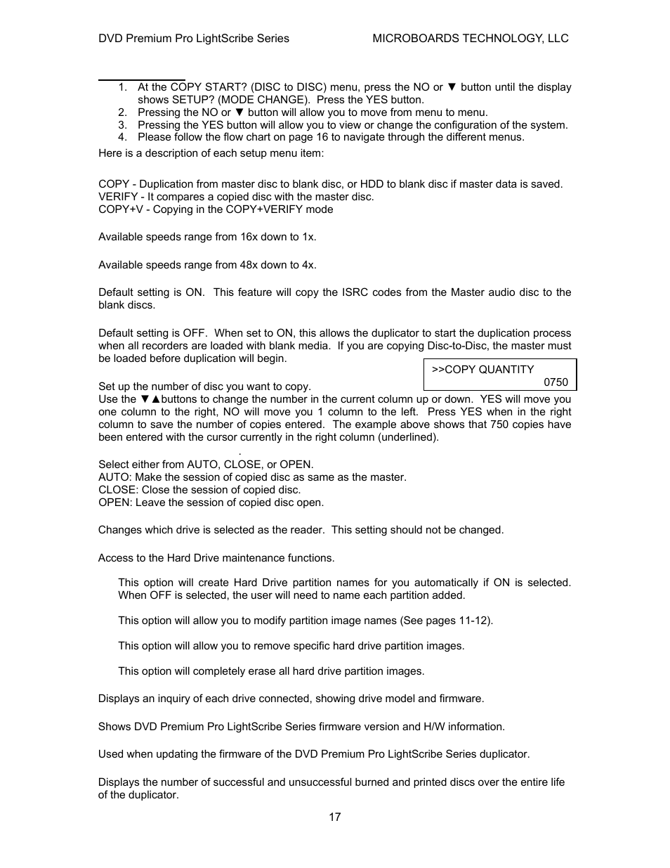 Setup menu | MicroBoards Technology LightScribe Series User Manual | Page 17 / 26