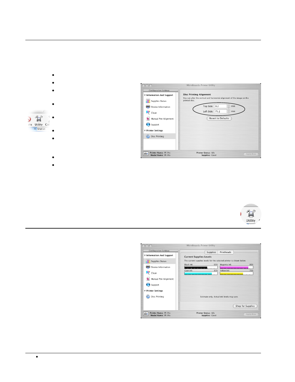 Setting printer alignment, Microboards printer utility, Alignment | Supplies status | MicroBoards Technology PF-Pro Disc Printer User Manual | Page 10 / 18