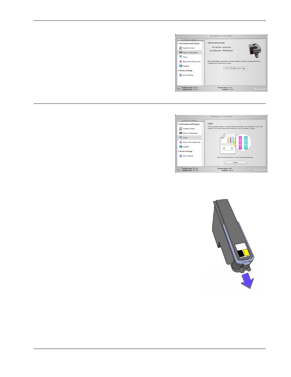 Device information, Clean, Printhead maintenance | MicroBoards Technology PF-Pro Disc Printer User Manual | Page 11 / 18