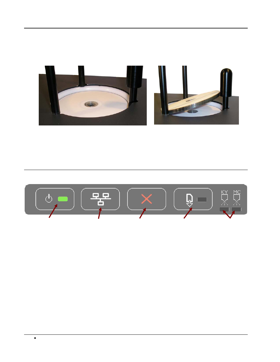 Loading discs, Front panel indicators and buttons | MicroBoards Technology PF-Pro Disc Printer User Manual | Page 8 / 18