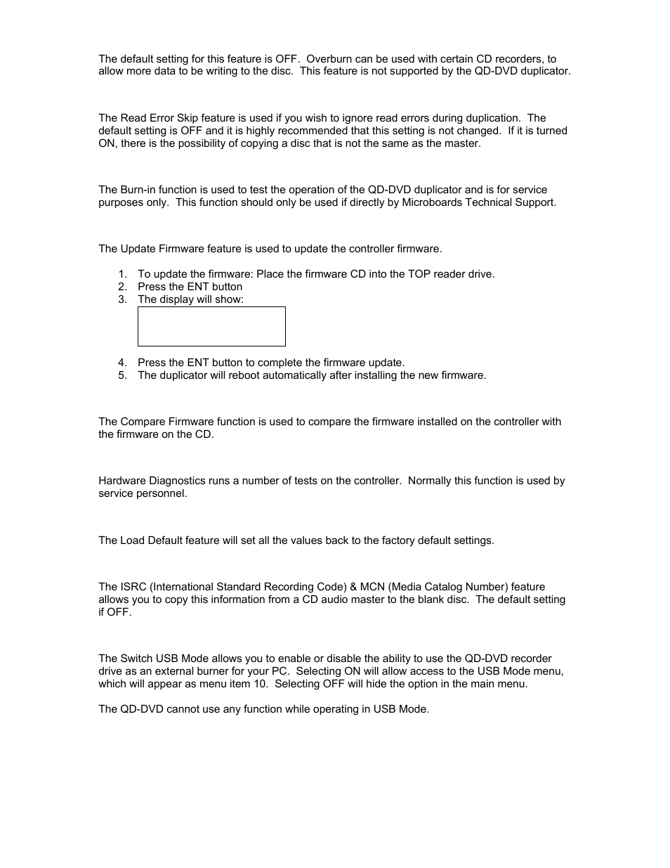 Overburn, Read error skip, Burn-in | Update firmware, Compare firmware, H/w diagnostic, Load default, Isrc & mcn, Switch usb mode | MicroBoards Technology QD-DVD User Manual | Page 18 / 21