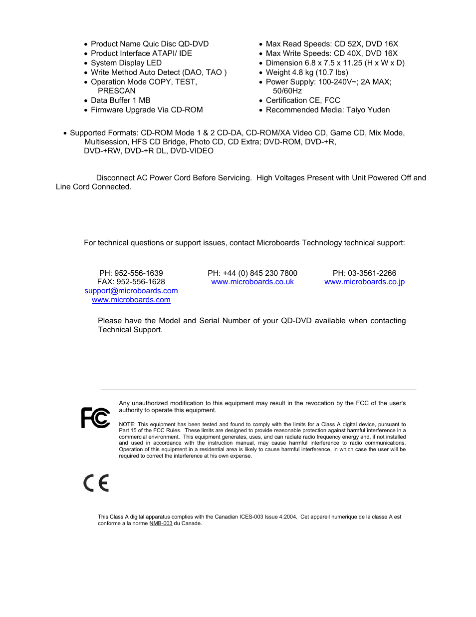 Specifications, Technical support | MicroBoards Technology QD-DVD User Manual | Page 19 / 21