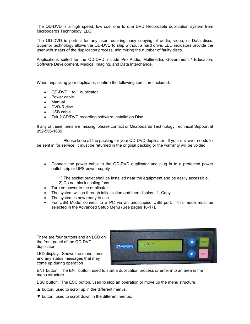 Introduction, Unpacking your system, Installation | Basic instructions, Buttons and lcd | MicroBoards Technology QD-DVD User Manual | Page 5 / 21