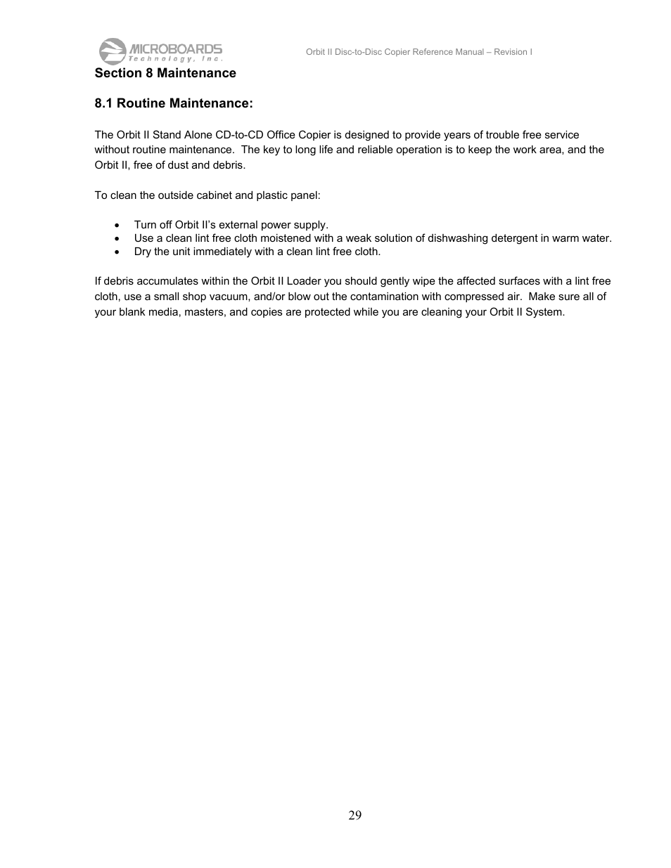 Section 8 maintenance, 1 routine maintenance | MicroBoards Technology CD Disc-to-Disc Office Copier II User Manual | Page 29 / 39