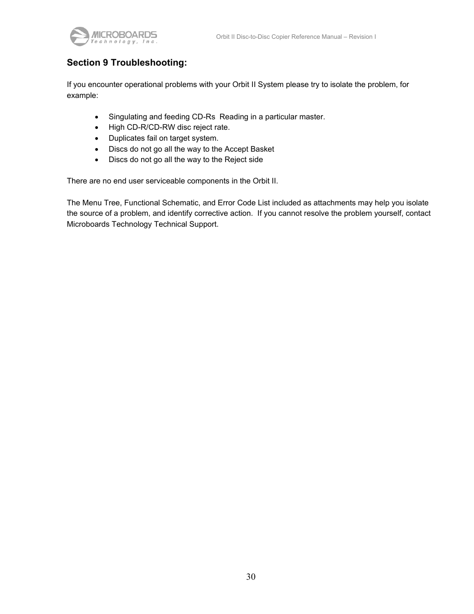 Section 9 troubleshooting | MicroBoards Technology CD Disc-to-Disc Office Copier II User Manual | Page 30 / 39