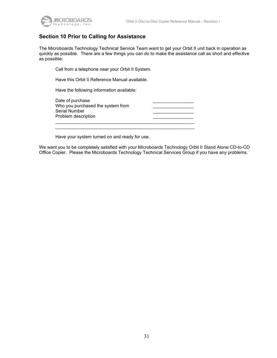 Section 10 prior to calling for assistance | MicroBoards Technology CD Disc-to-Disc Office Copier II User Manual | Page 31 / 39