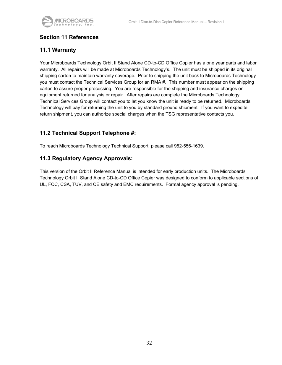 Section 11 references, 1 warranty, 2 technical support telephone | 3 regulatory agency approvals | MicroBoards Technology CD Disc-to-Disc Office Copier II User Manual | Page 32 / 39