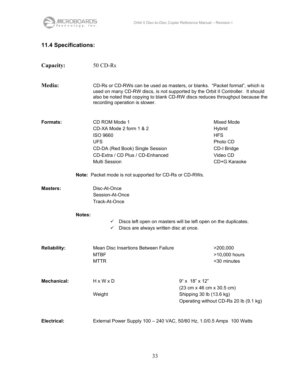 4 specifications | MicroBoards Technology CD Disc-to-Disc Office Copier II User Manual | Page 33 / 39