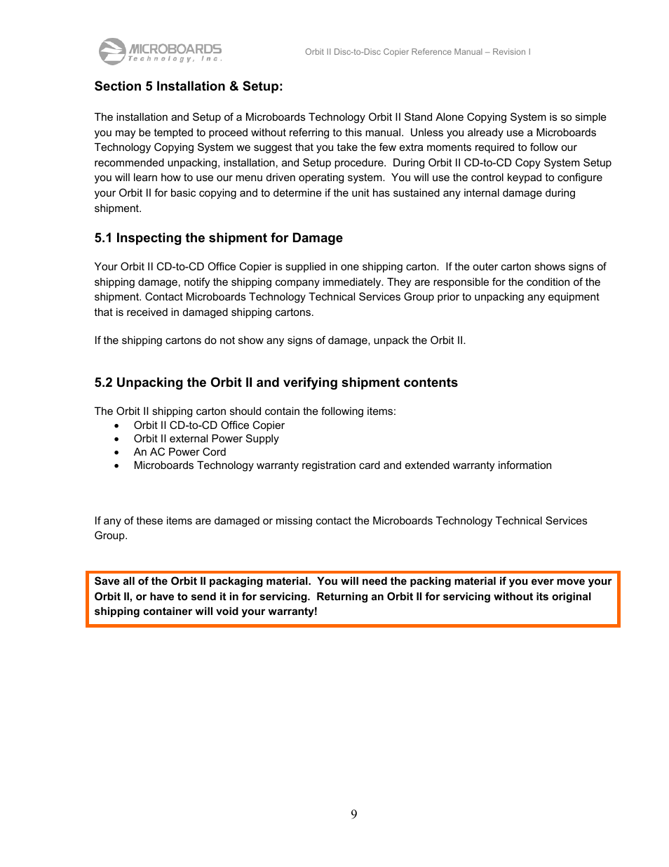 Section 5 installation & setup, 1 inspecting the shipment for damage | MicroBoards Technology CD Disc-to-Disc Office Copier II User Manual | Page 9 / 39