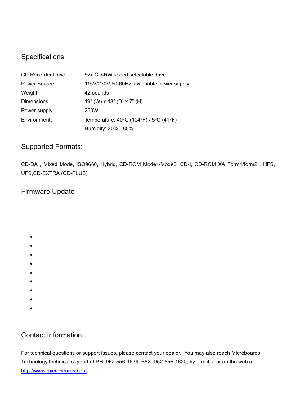 Specifications, Supported formats, Firmware update | Contact information | MicroBoards Technology CWR-424-52 User Manual | Page 11 / 11
