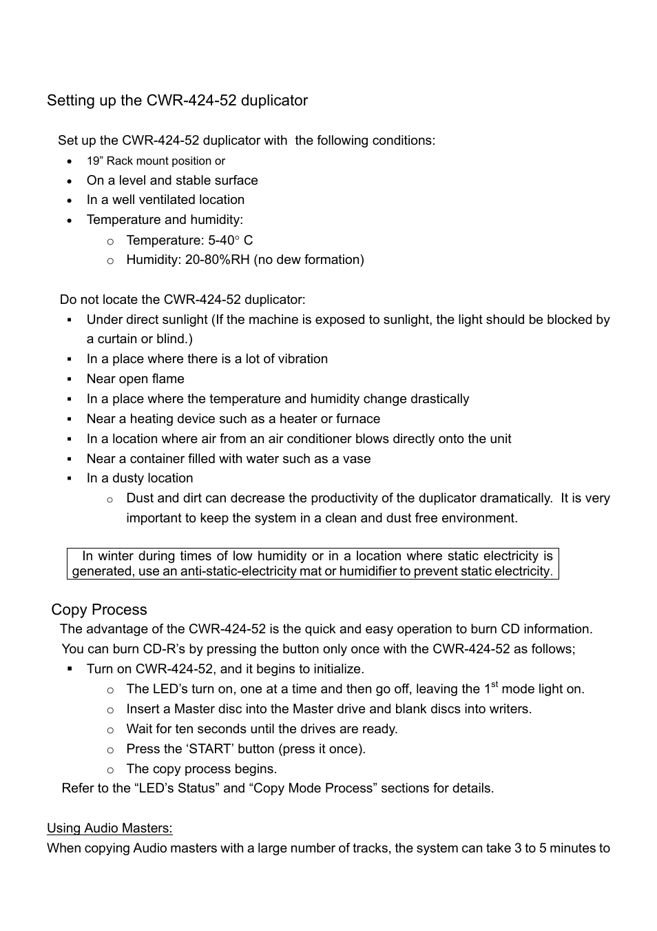 Setting up the cwr-424-52 duplicator, Copy process, Using audio masters | MicroBoards Technology CWR-424-52 User Manual | Page 4 / 11