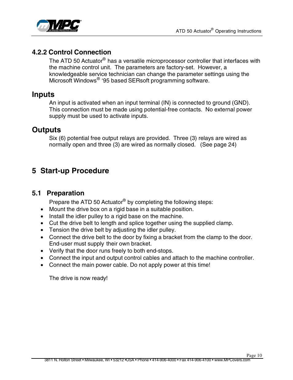 Inputs, Outputs, 5 start-up procedure | 2 control connection, 1 preparation | MPC ATD ACTUATOR 50 ATD-313186 User Manual | Page 10 / 29