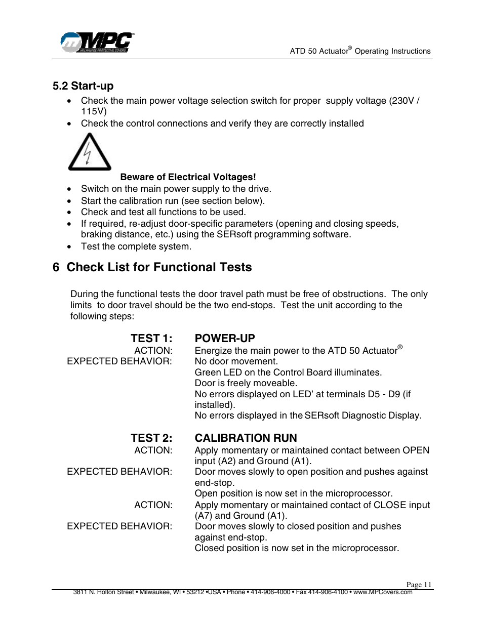 6 check list for functional tests, 2 start-up, Test 1: power-up | Test 2: calibration run | MPC ATD ACTUATOR 50 ATD-313186 User Manual | Page 11 / 29