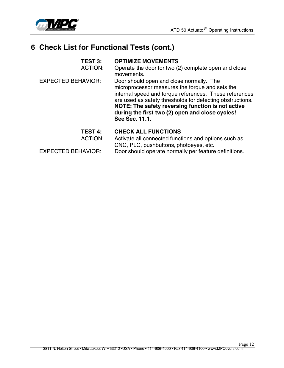 6 check list for functional tests (cont.) | MPC ATD ACTUATOR 50 ATD-313186 User Manual | Page 12 / 29