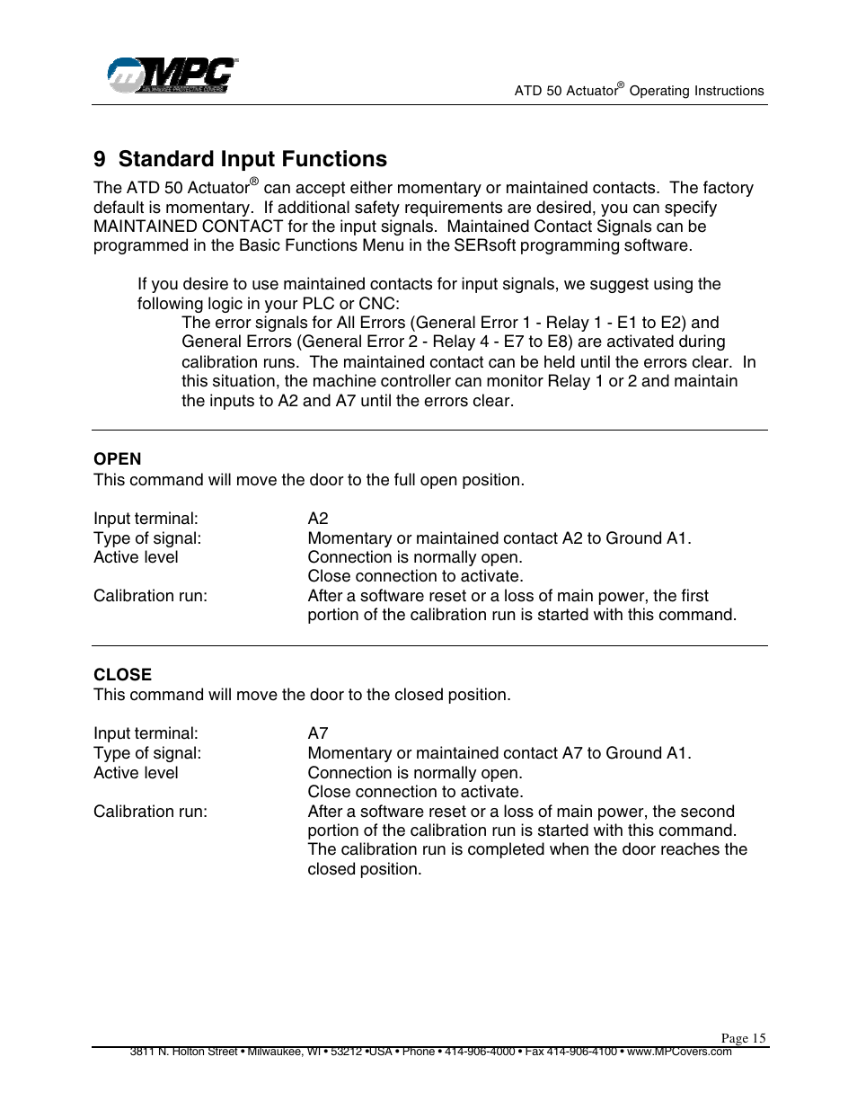 9 standard input functions | MPC ATD ACTUATOR 50 ATD-313186 User Manual | Page 15 / 29