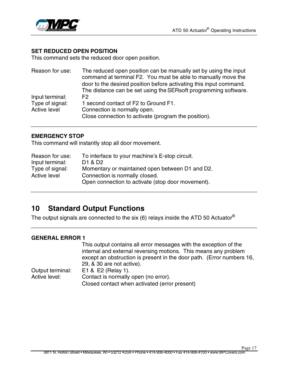 10 standard output functions | MPC ATD ACTUATOR 50 ATD-313186 User Manual | Page 17 / 29