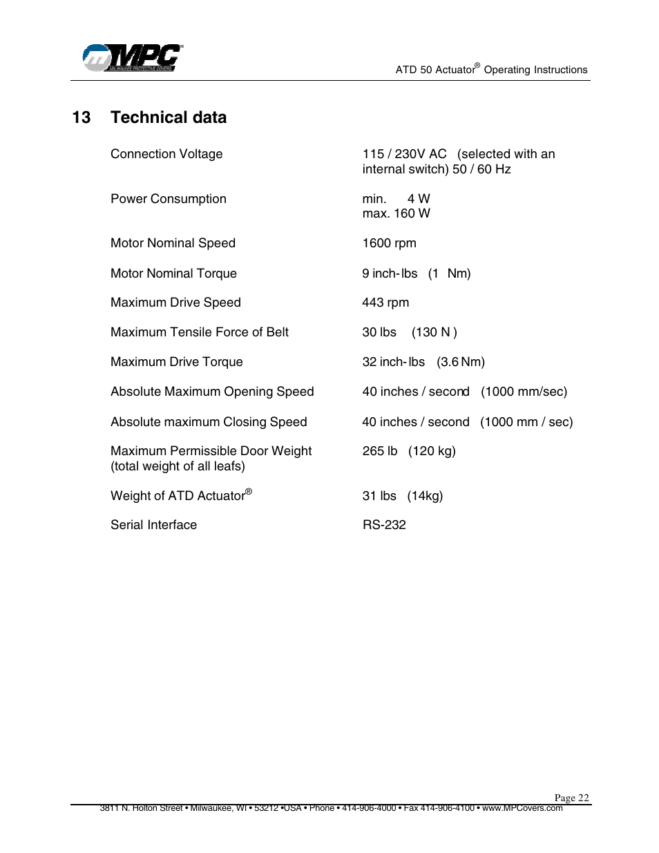 13 technical data | MPC ATD ACTUATOR 50 ATD-313186 User Manual | Page 22 / 29